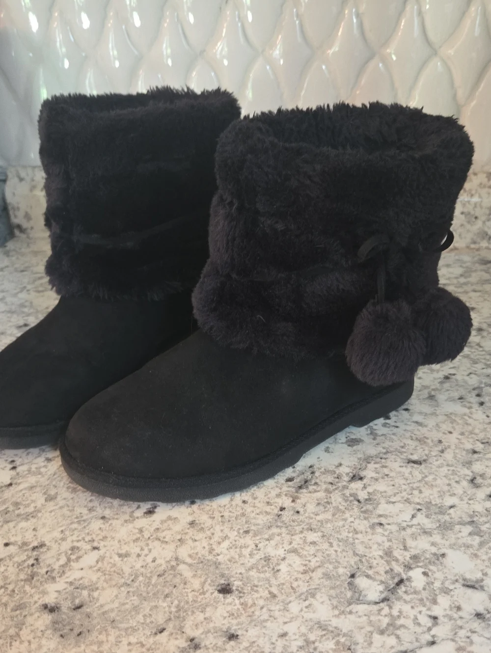 Women’s Black Faux Fur Winter Boots with Pom Detail